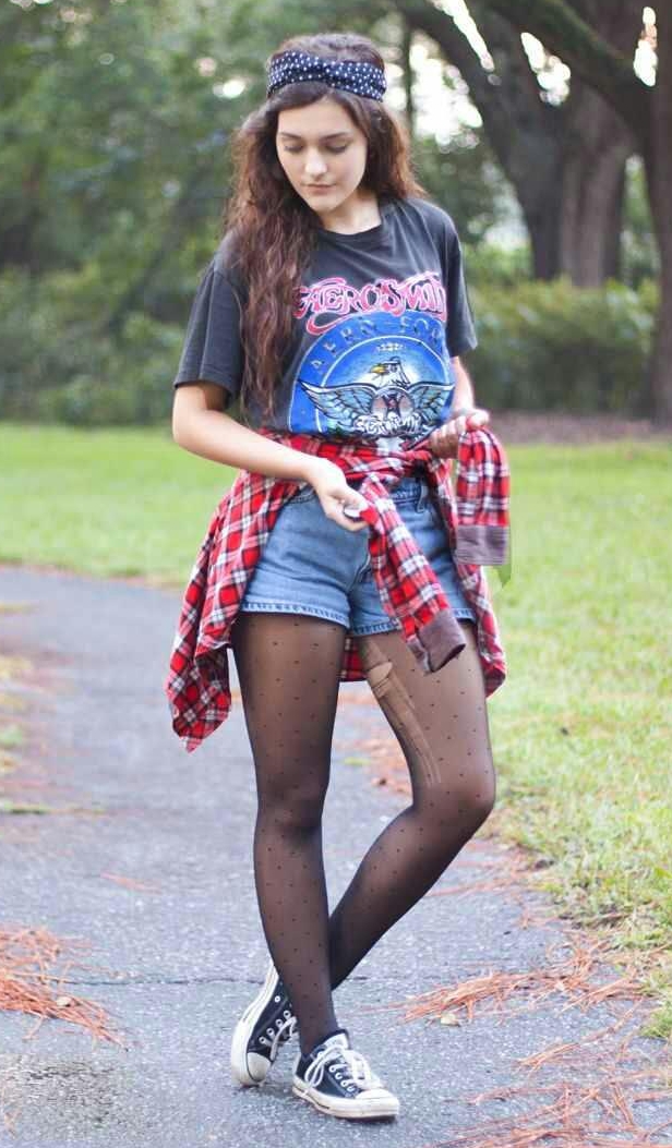 Auburn Teen Girl wearing Black Ripped Sheer Pantyhose
